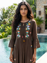 Brown cotton silk women graceful embroidered flare kurti