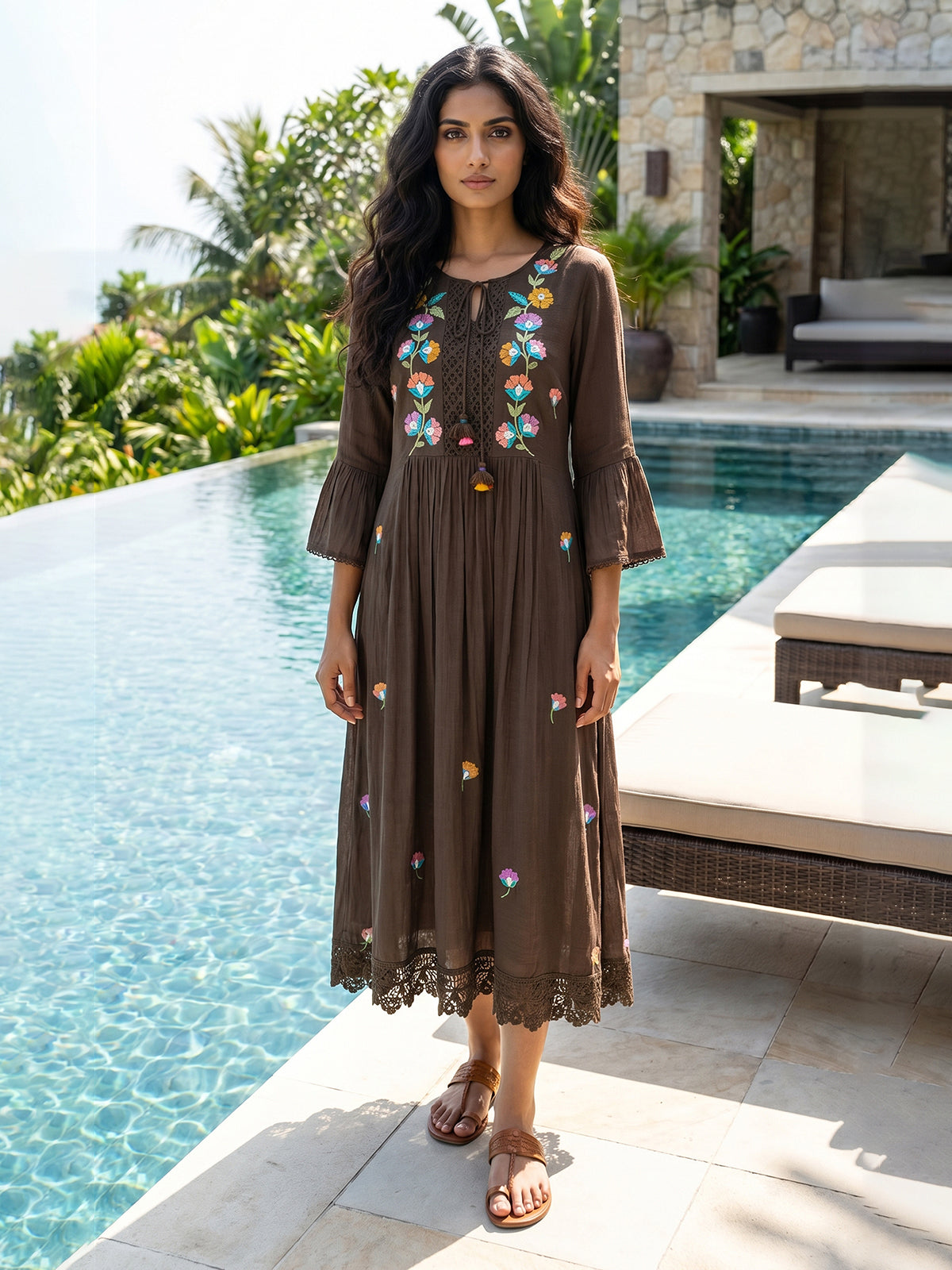 Brown cotton silk women graceful embroidered flare kurti