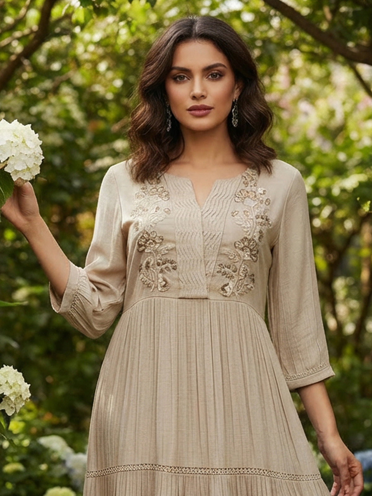 Beige cotton silk women elegant floral tiered kurti