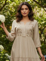 Beige cotton silk women elegant floral tiered kurti