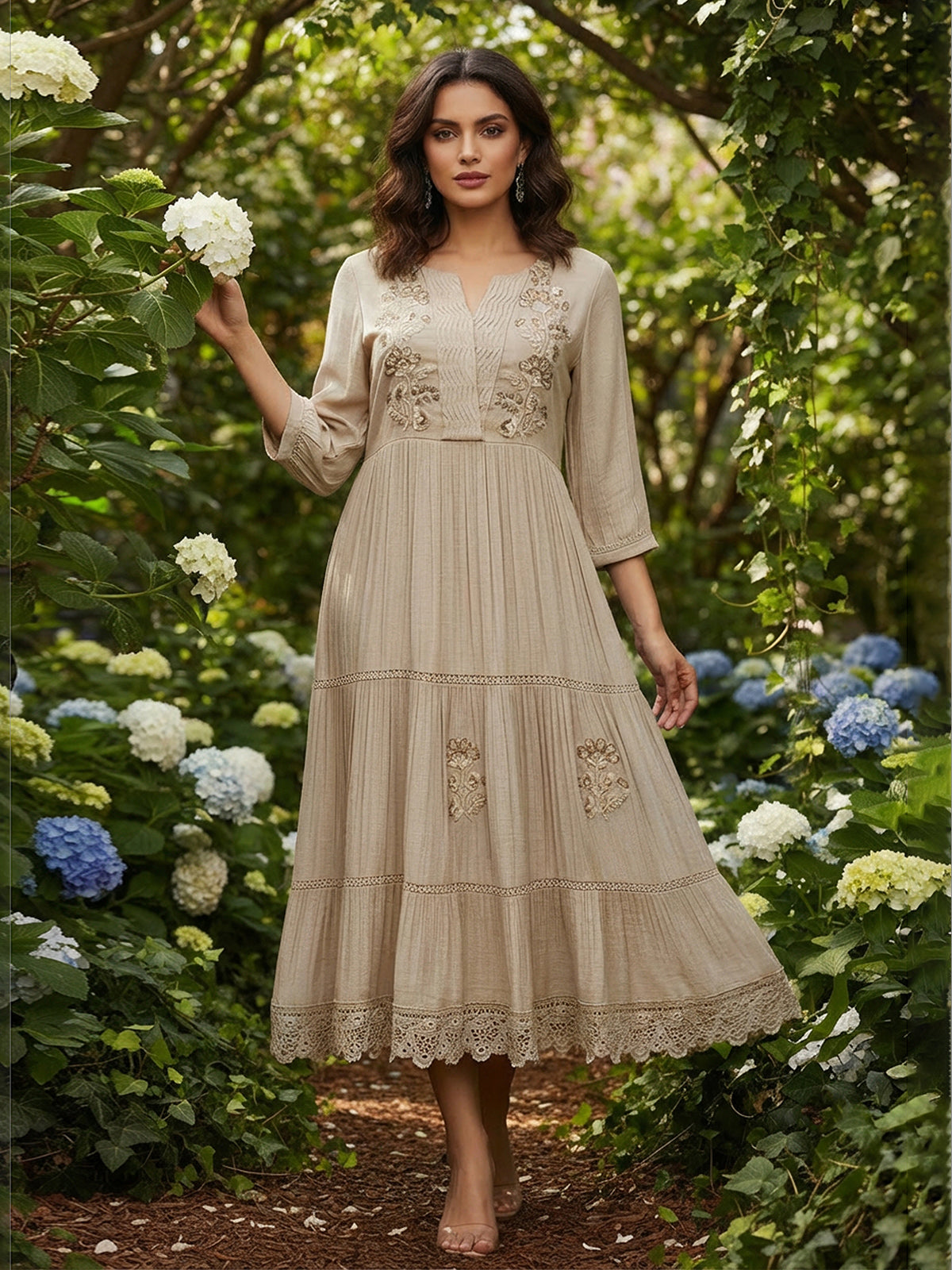 Beige cotton silk women elegant floral tiered kurti