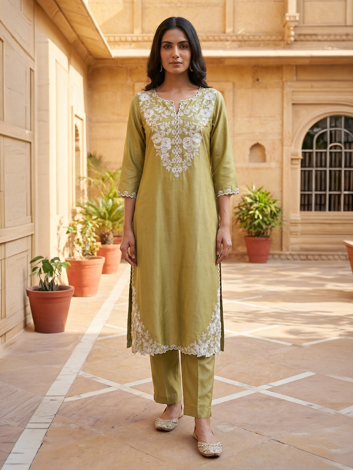 Green cotton silk women vibrant peacock kurti set