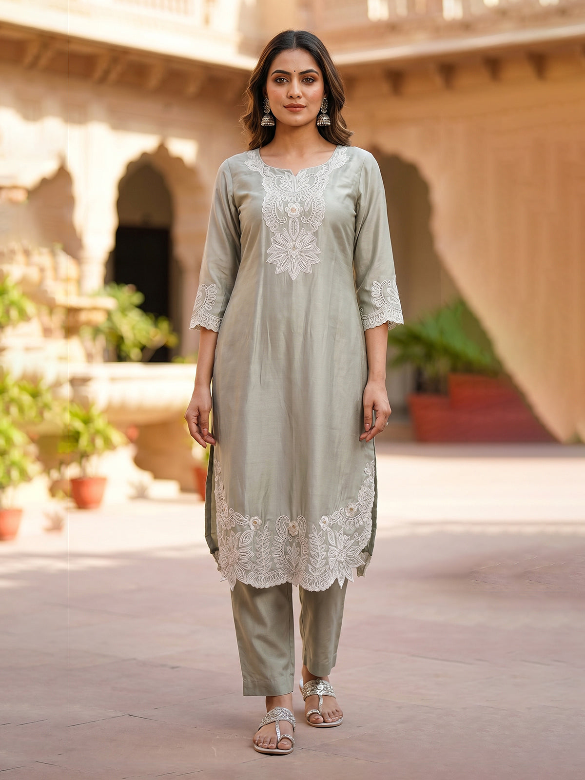 Grey cotton silk women artistic lotus embroidered kurti set