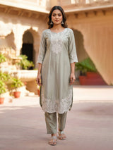 Grey cotton silk women artistic lotus embroidered kurti set