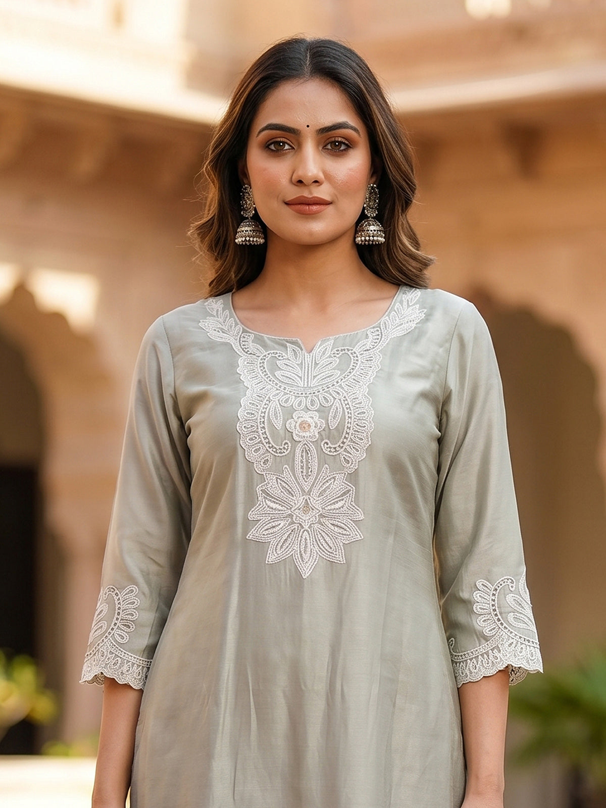 Grey cotton silk women artistic lotus embroidered kurti set