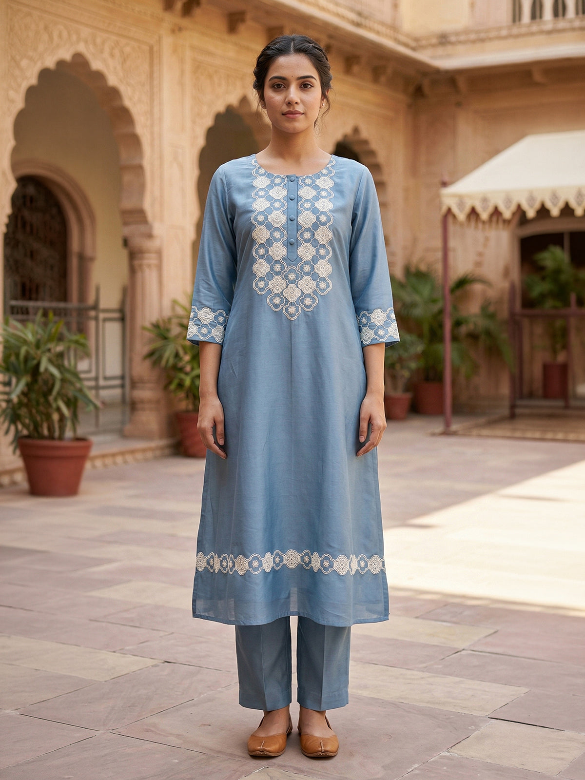 Stone blue cotton silk women elegant floral kurti set
