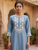 Stone blue cotton silk women elegant floral kurti set