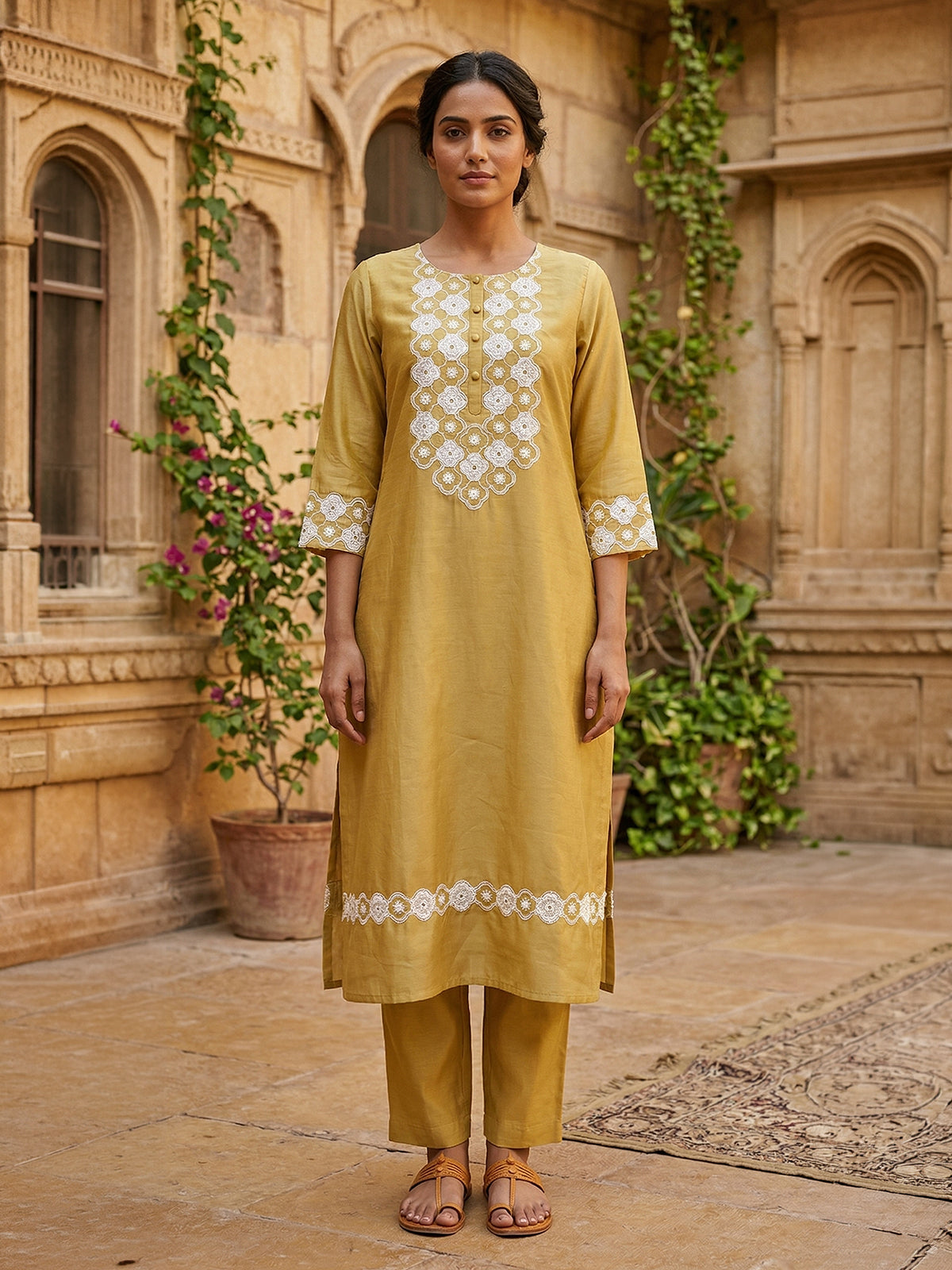 Mustard yellow cotton silk women graceful floral kurti set