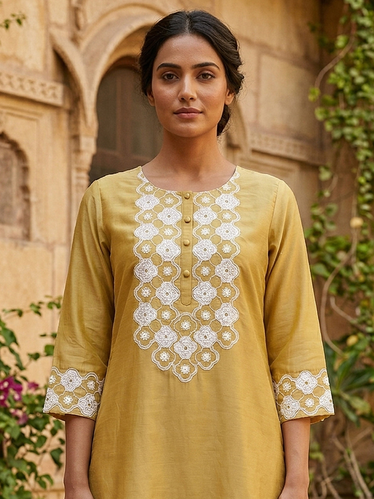 Mustard yellow cotton silk women graceful floral kurti set