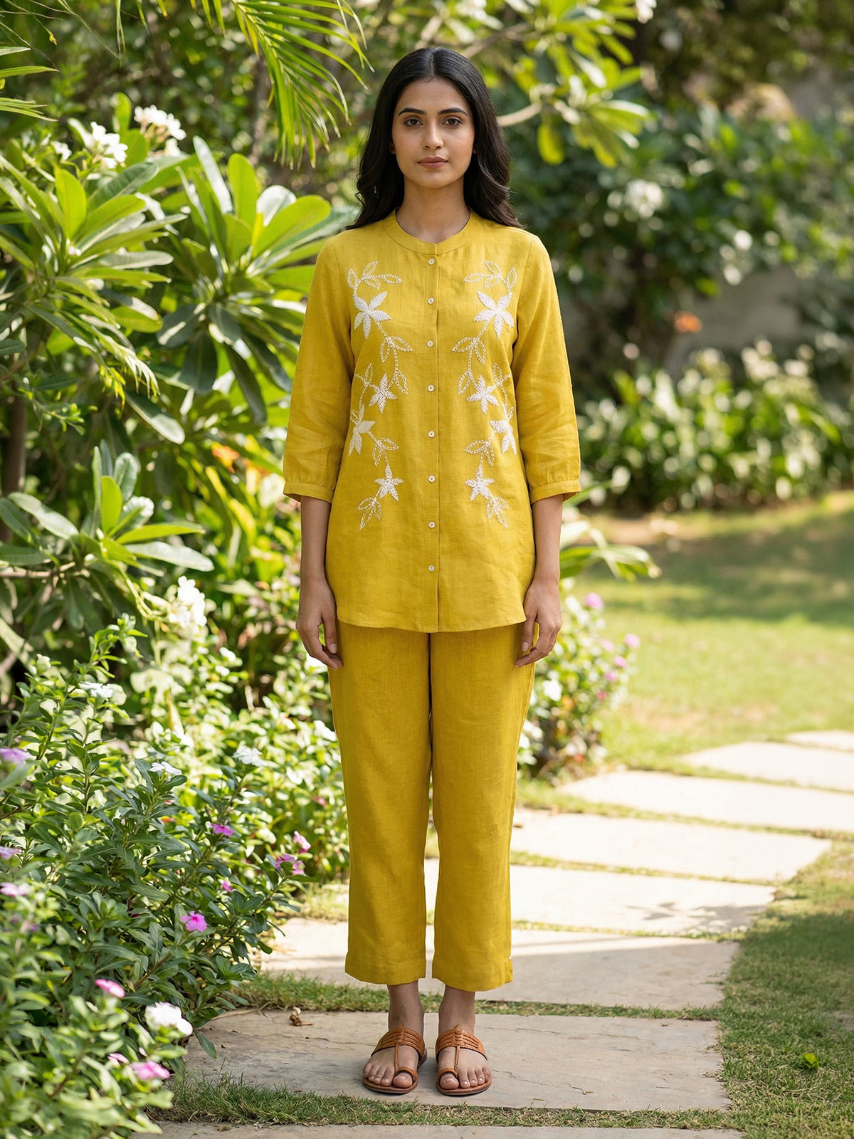 Yellow cotton linen women fresh botanical embroidered co-ord set