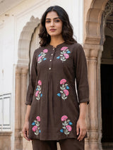 Brown cotton linen silk women vibrant folk floral co-ord set