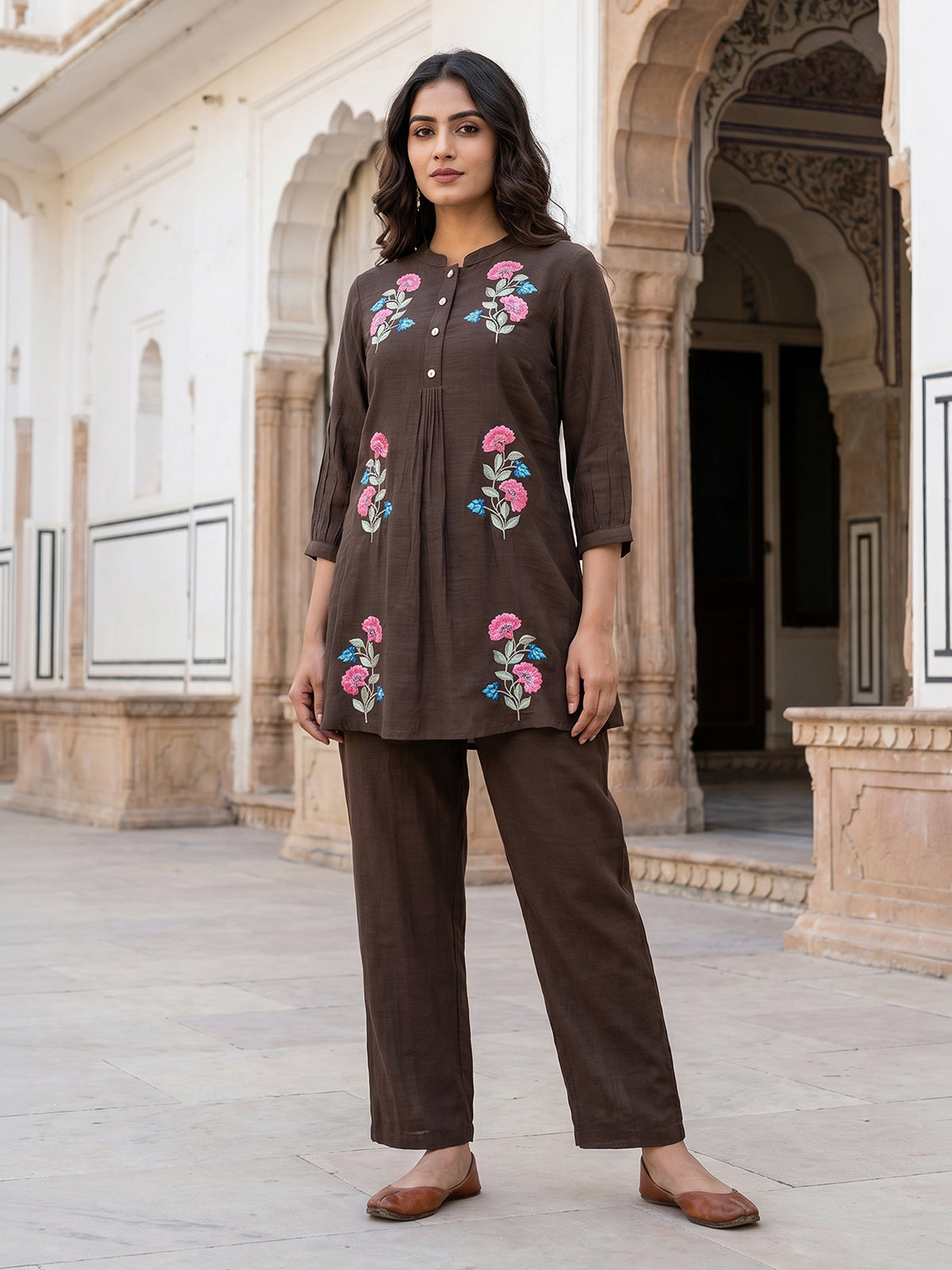 Brown cotton linen silk women vibrant folk floral co-ord set