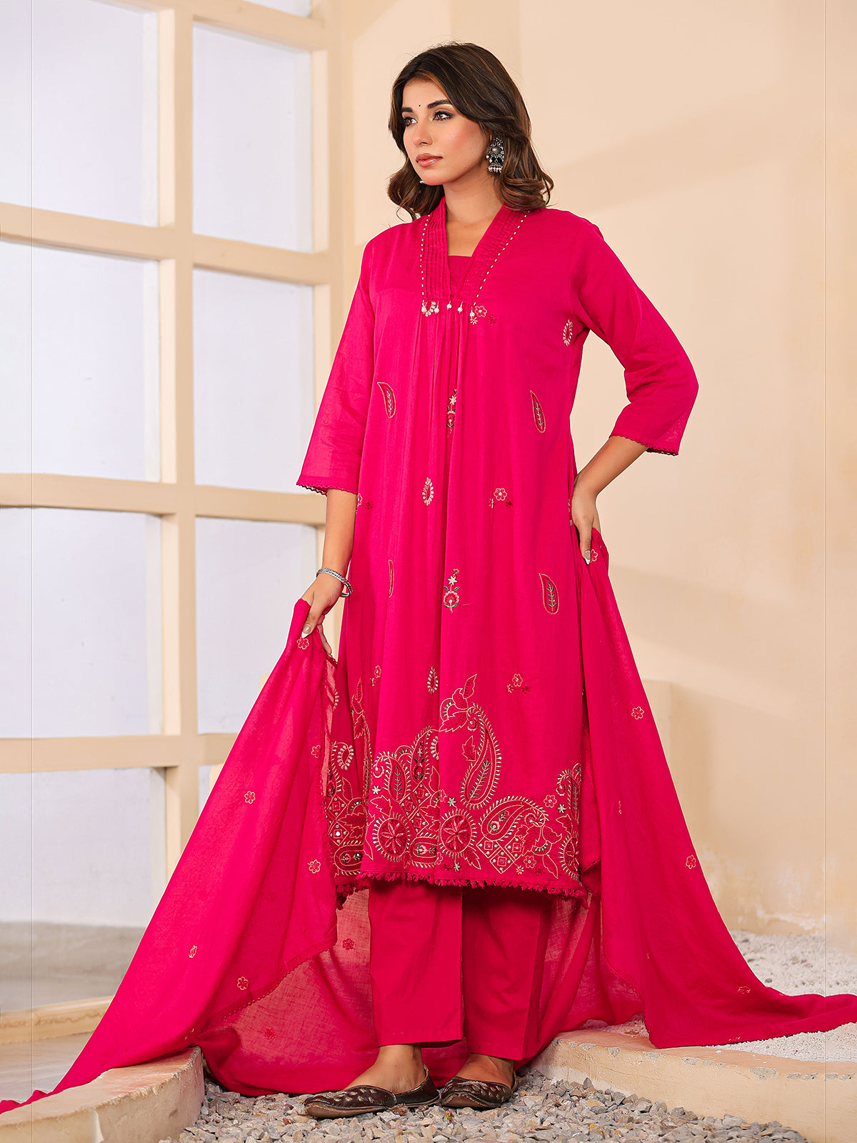 Rani pink cotton silk women charming floral anarkali kurti set