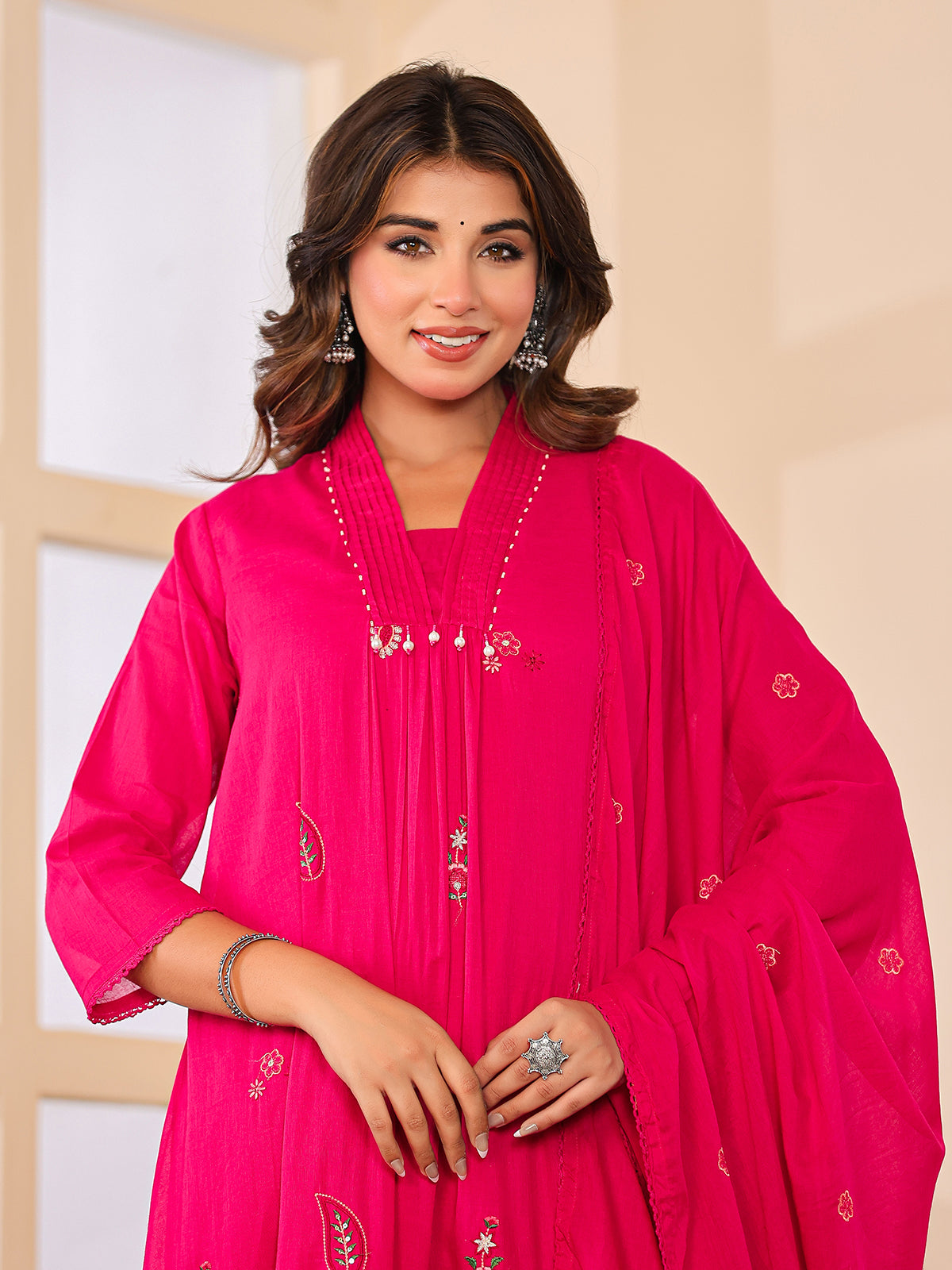 Rani pink cotton silk women charming floral anarkali kurti set