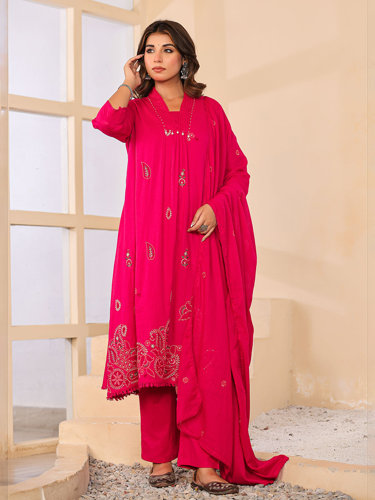 Rani pink cotton silk women charming floral anarkali kurti set