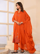 Orange cotton silk women vibrant floral anarkali kurti set