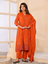 Orange cotton silk women vibrant floral anarkali kurti set