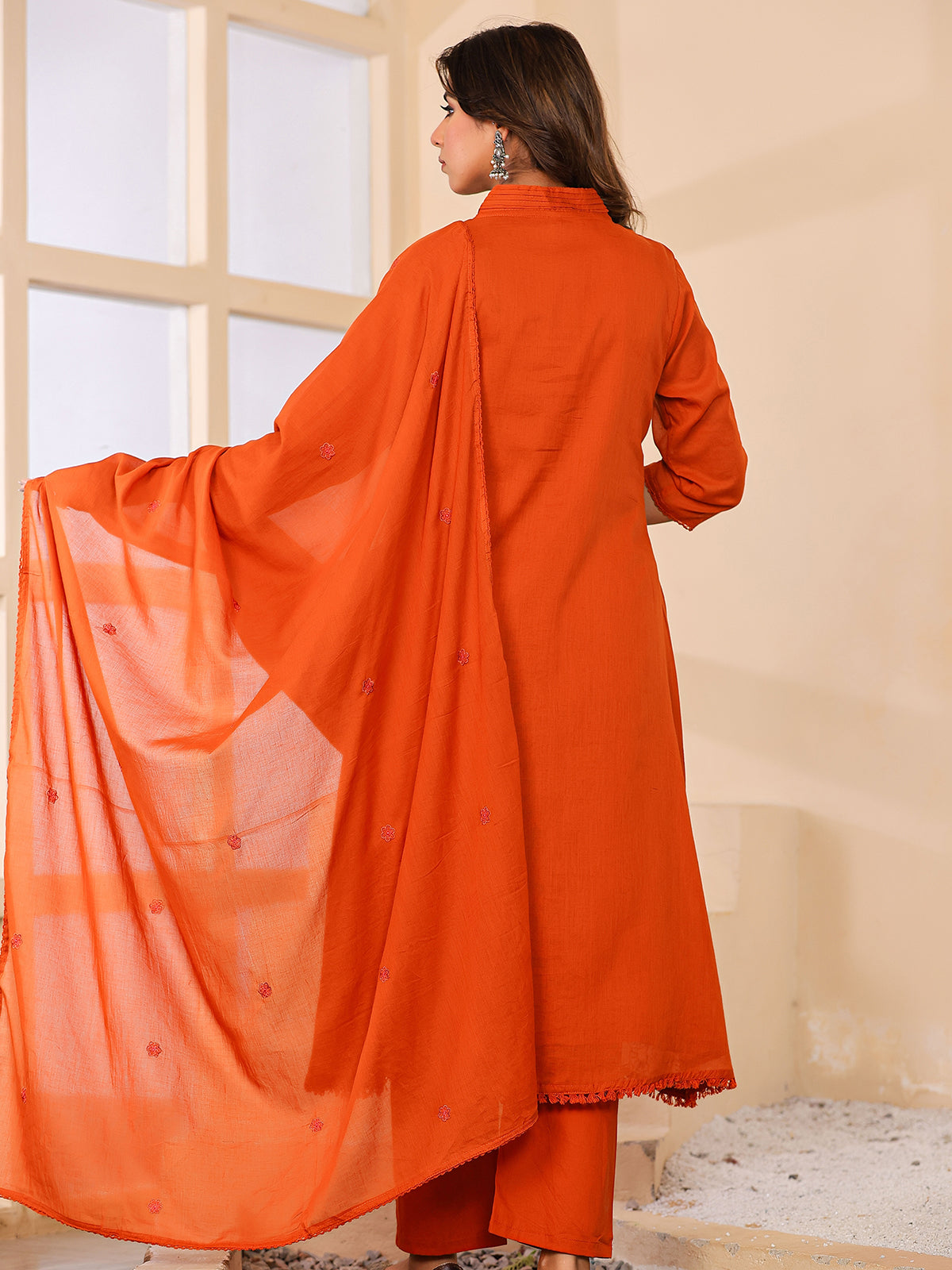 Orange cotton silk women vibrant floral anarkali kurti set