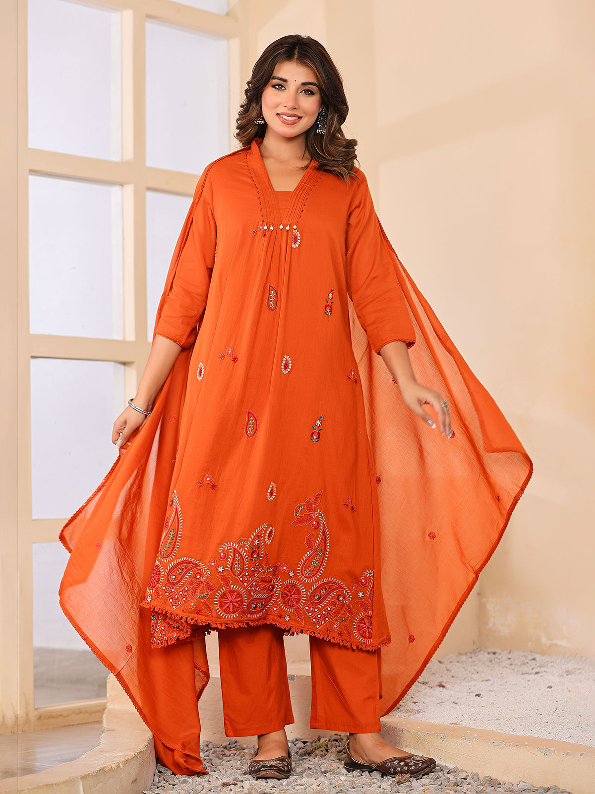 Orange cotton silk women vibrant floral anarkali kurti set