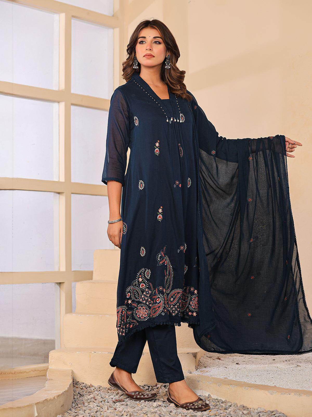 Navy blue cotton silk women elegant paisley anarkali kurti set