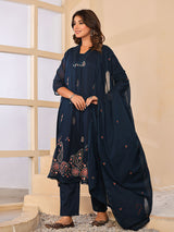 Navy blue cotton silk women elegant paisley anarkali kurti set
