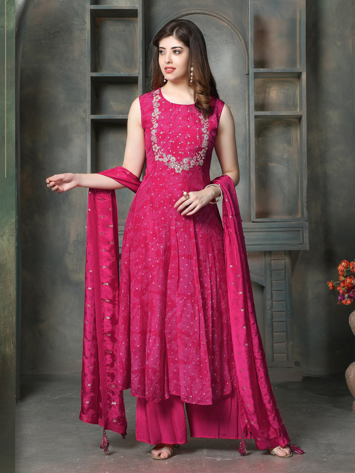 Pink georgette silk women bandhani anarkali palazzo kurti set