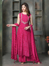 Pink georgette silk women bandhani anarkali palazzo kurti set