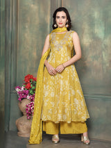 Yellow georgette silk women floral anarkali palazzo kurti set