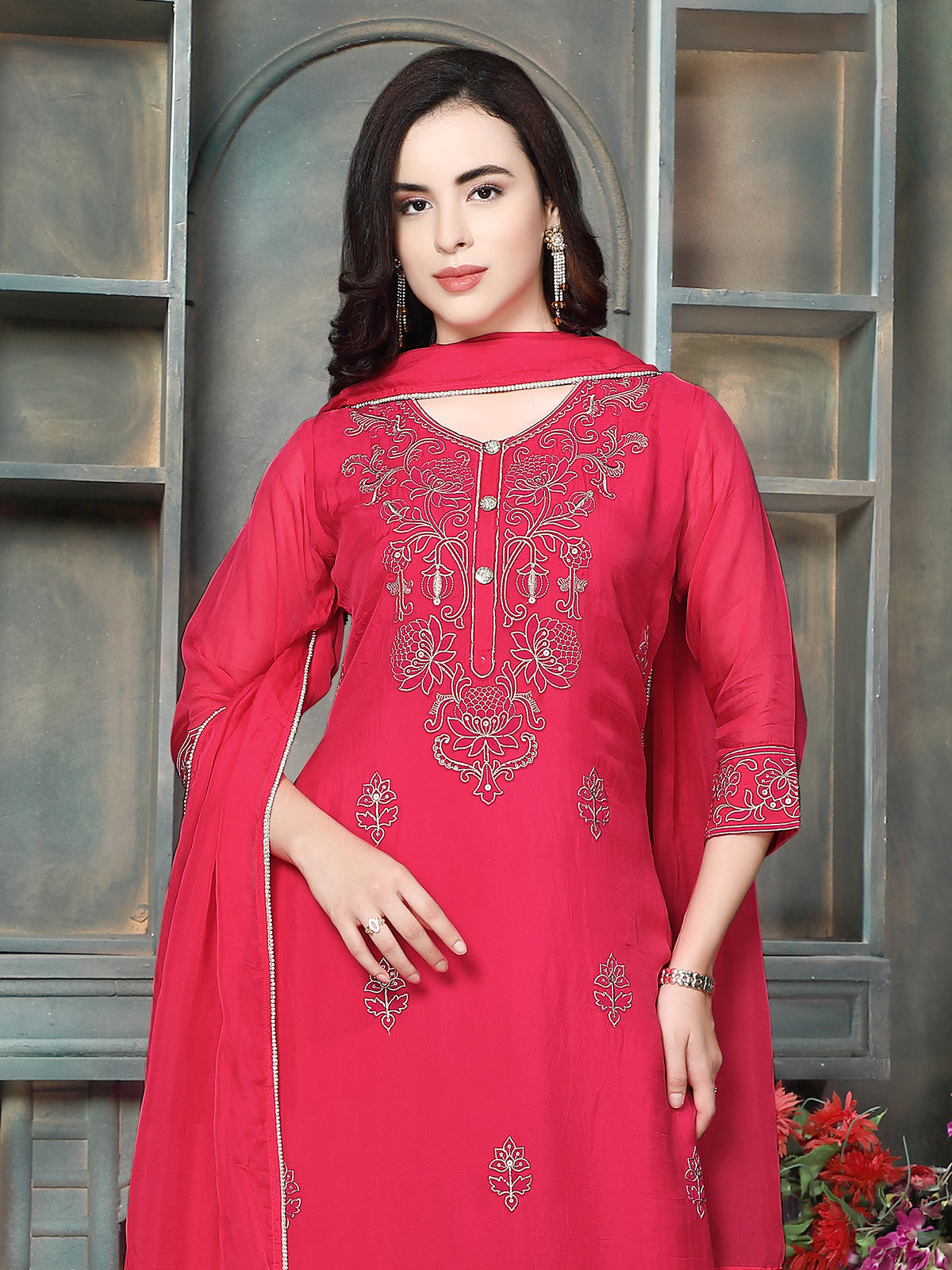 Rani pink chanderi silk women kurti set