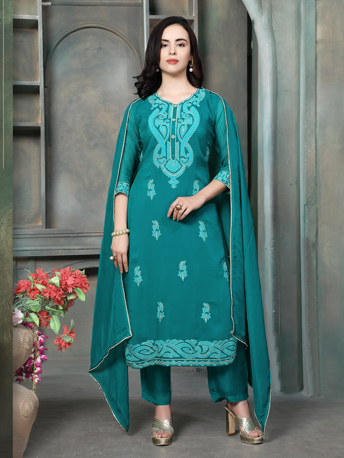 Rama blue chanderi silk women kashmiri floral kurti set