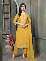 Mustard yellow chanderi silk women kashmiri floral kurti set