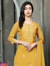 Mustard yellow chanderi silk women kashmiri floral kurti set