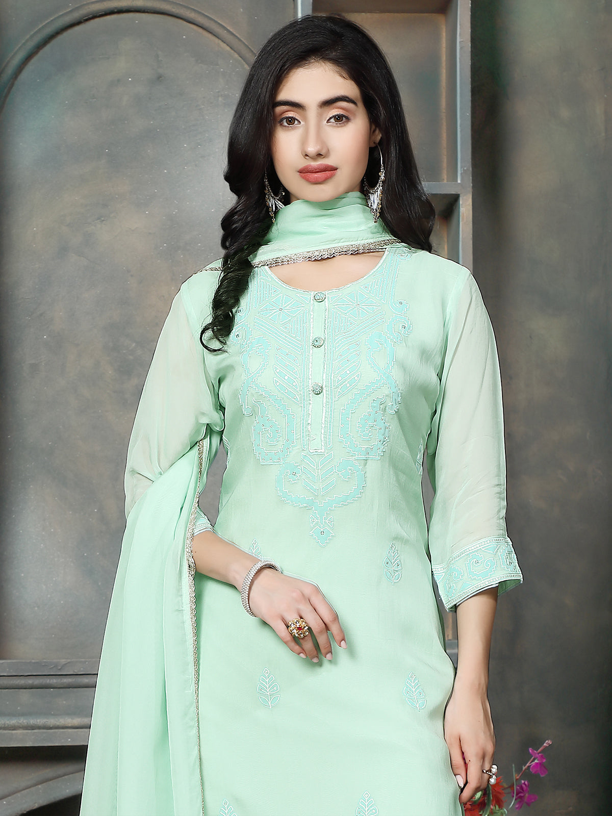 Aqua chanderi silk women elegant floral kurti set
