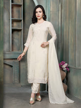 Cream chanderi silk women floral embroidered kurti set
