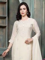 Cream chanderi silk women floral embroidered kurti set