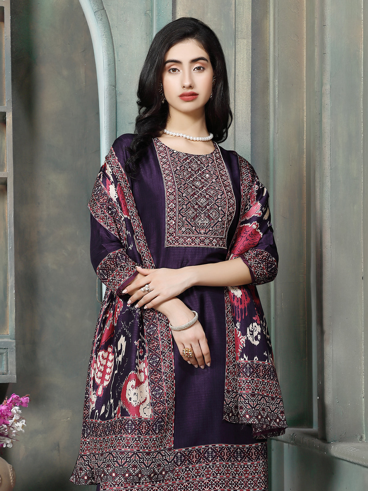 Purple silk women geometric patola kurti set