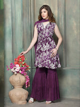 Wine georgette silk women floral sharara kurti set