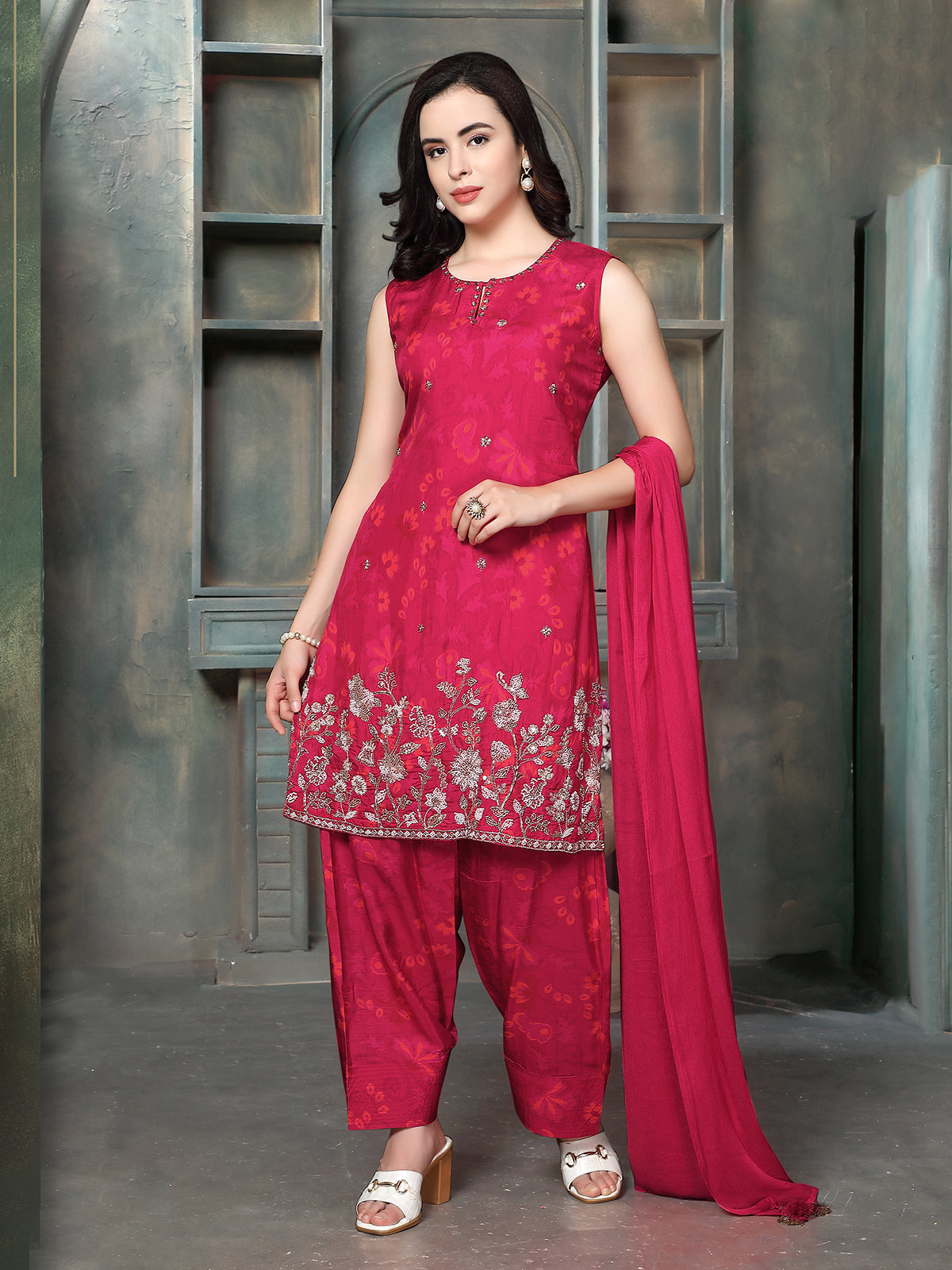 Rani pink silk women floral embroidered salwar kurti set