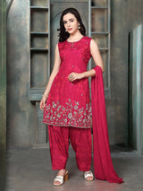 Rani pink silk women floral embroidered salwar kurti set