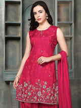 Rani pink silk women floral embroidered salwar kurti set
