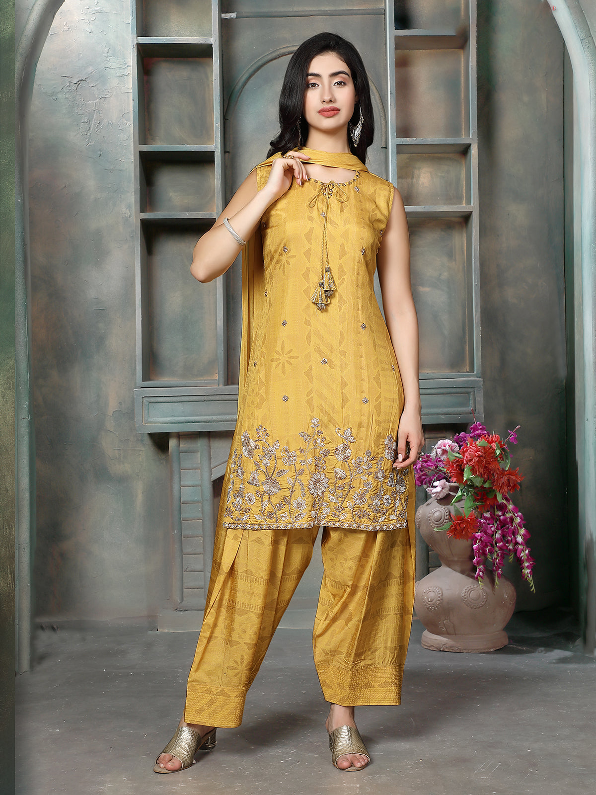 Mustard yellow silk women embroidered salwar kurti set