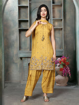 Mustard yellow silk women embroidered salwar kurti set
