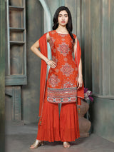 Rust orange georgette silk women Mughal floral sharara kurti set
