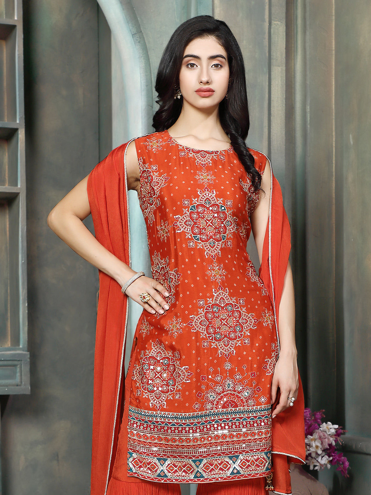 Rust orange georgette silk women Mughal floral sharara kurti set