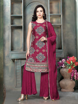 Wine georgette silk women Mughal floral sharara kurti set