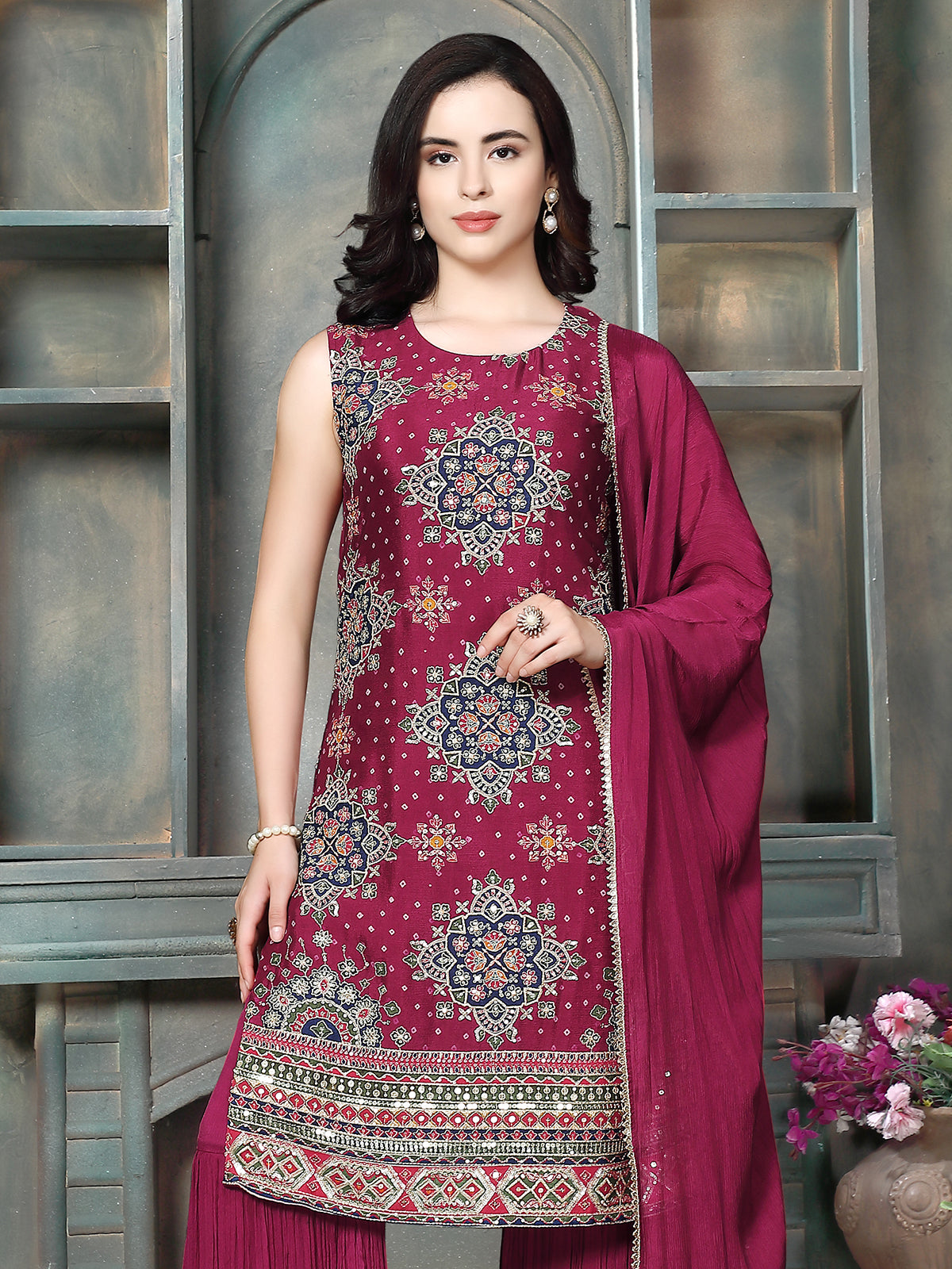 Wine georgette silk women Mughal floral sharara kurti set