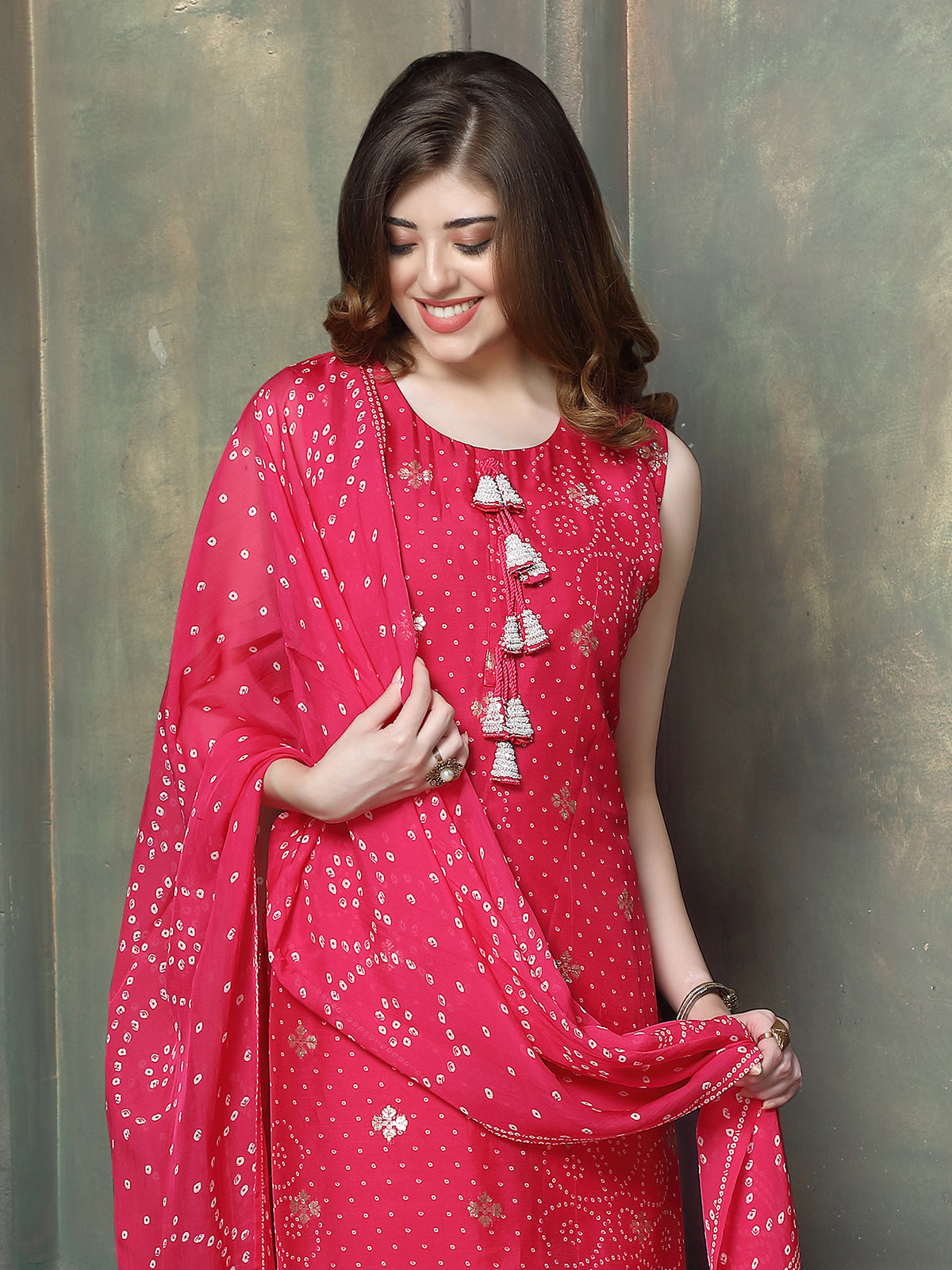 Pink georgette silk women rajasthani bandhani palazzo kurti set