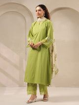 Light green threadwork floral printed contrast dupatta silk kurti set