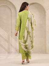 Light green threadwork floral printed contrast dupatta silk kurti set