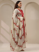 Maroon threadwork floral printed contrast dupatta silk kurti set